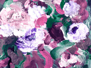 Abstract flowers, pink and violet art painting, creative hand painted background, brush texture, acrylic painting.
