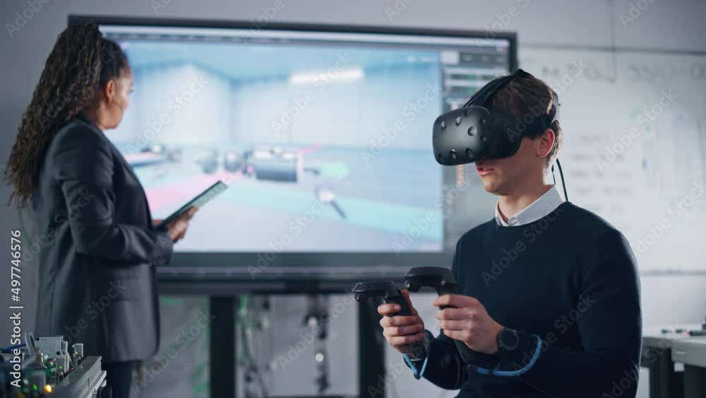 Aufkleber Black Teacher with Tablet Giving Advices to Student in VR Headset, Uses VR Technology and Prototyping in CAD Software with Controllers on Computer. Futuristic University and Augmented Reality Concept