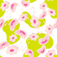 Pink abstract flowers and organic green shapes seamless pattern. Vector background with textured florals. Water lilies - obrazy, fototapety, plakaty