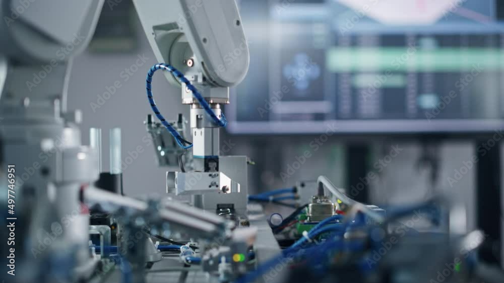 Poster Industry 4.0 Modern Factory: Programmed Robot Arm Moving at Different Sides. Production Line Machine at Empty room.No people, Close Up View. Automated Robotics Concept