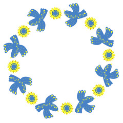 Round frame with decorative blue birds and yellow flowers sunflower. napkin in yellow and blue tones, colors of Ukrainian flag. Vector illustration. Floral pattern for decor, design, print and napkins