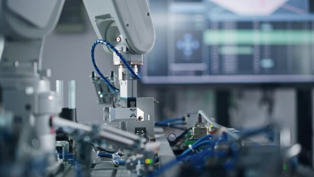 Industry 4.0 Modern Factory: Programmed Robot Arm Moving at Different Sides. Production Line Machine at Empty room.No people, Close Up View. Automated Robotics Concept