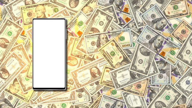 Illustration. Smartphone with a white blank screen on the background of scattered US paper money. Banknotes in denominations of one, two, ten and one hundred dollars. Glowing mock up