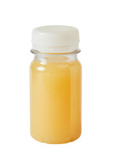 Small plastic PET bottle with orange juice isolated on white background with clipping path. 