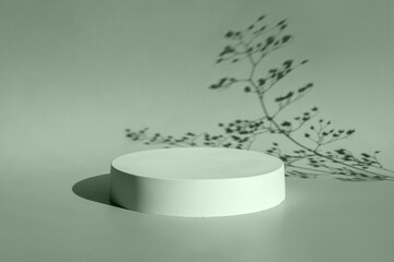 Podium for cosmetic product presentation. Abstract minimal geometrical form. Cylinder stone sphere one form, shadow. Scene to show products. Showcase, display. Trendy sunlight. Front view. 3D