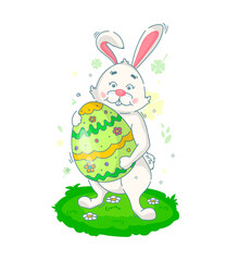 The white Easter bunny holds a large painted egg in its paws. Vector linear illustration. Character for the traditional Easter holiday.