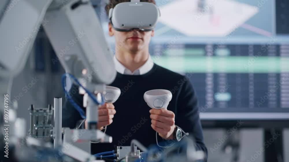 Poster Student Developer Writing Code and Testing Interface of Bionic Hand. Engineer Wearing Virtual Reality Headset and Using Controllers at University. Virtual Reality Concept
