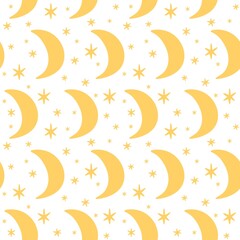 Seamless pattern moon and star, gender neutral. Whimsical minimal. Kids naive wallpaper or boho cartoon fashion all over print.