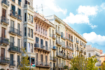 Facade of old apartment buildings in el Borne, Barcelona, Catalonia, Spain, Europe - obrazy, fototapety, plakaty