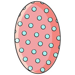 Cartoon pink Easter egg with blue dots on white background