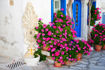 Fototapeta na wymiar During your walks in the alleys of Pyrgos, a lovely village of white marble craftsmen on the island of Tinos, in the heart of the Aegean Sea, you can quench your thirst at this pretty flowery fountain