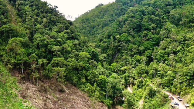 Aerial view of Rio Tigre waterfall in rainforest of Oxapampa in Pasco, Peru