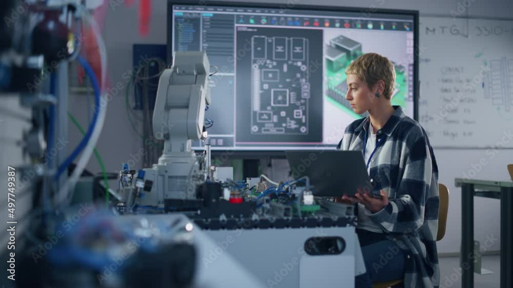 Poster Female Startup Developer Holding Laptop while Working with Robotic Arm. Woman Looking at Screen and Programming Bionic Limb. High-Tech Science and Research Concept