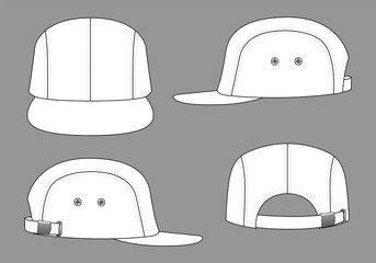 White 4 Panel Cap With Flat Brim Cap, Adjustable Slider Buckle Closure Strap Back Template On Gray Background, Vector File