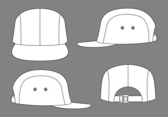 White 4 Panel Cap With Flat Brim Cap And Release Plastic Buckle Strap Back Template On Gray Background, Vector File