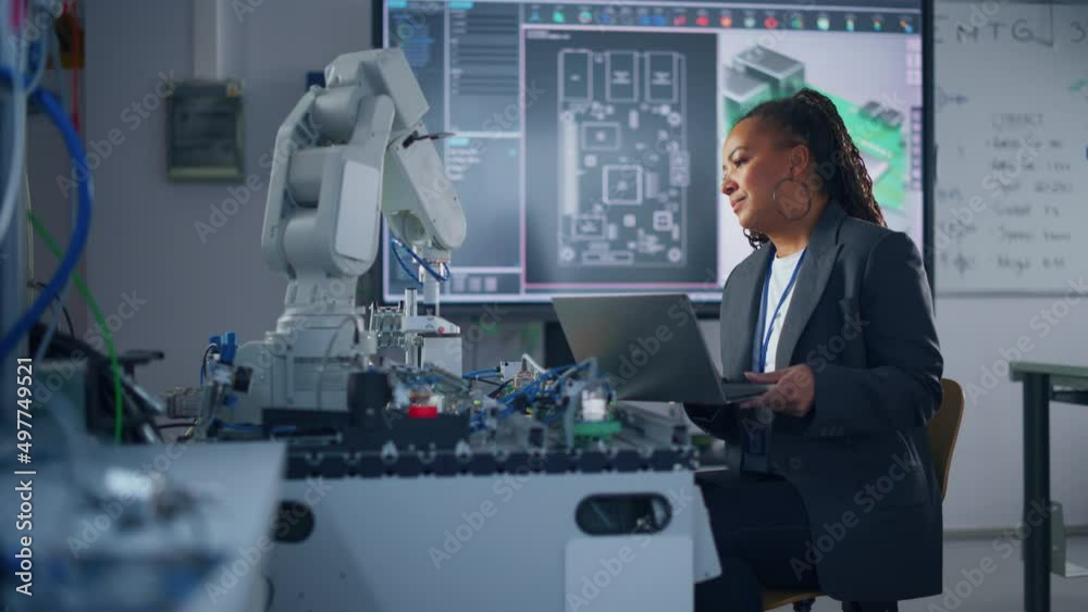 Aufkleber Black Developer Works with Laptop, Writing Code for Robot Arm. Computer Science Research Laboratory with Specialists Working. High-Tech Science and Programming Concept