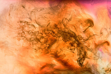Fototapeta na wymiar Orange pink smoke background, colorful fog, abstract swirling ink ocean sea, acrylic paint pigment underwater