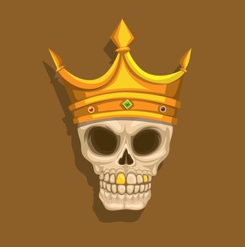 Skull king with crown and gold teeth mascot cartoon illustration vector