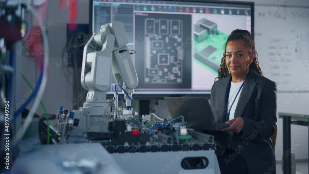Aufkleber Portrait of Smiling Black Developer Using Laptop while Working with Robotic Arm. Woman Looking at Camera. Success and Programming Concept. Medium Shot