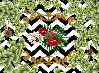 background with flowers and zig zag pattern
