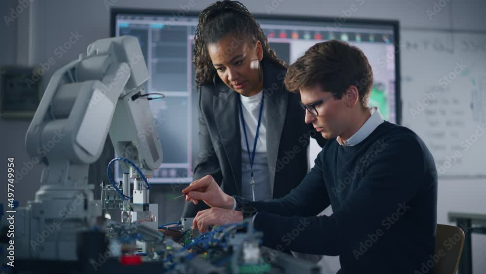 Poster male engineer start-upper uses screwdriver and talking with black coach. woman giving advices while 