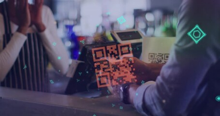 Neon qr code against african american man making digital payment from his smartphone at a cafe - Powered by Adobe