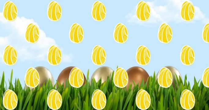 Composite video of yellow easter eggs in seamless pattern against green grass and easter eggs