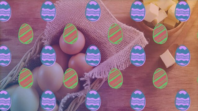Decorative easter eggs icons in seamless pattern against eggs in a basket and cheese in a bowl
