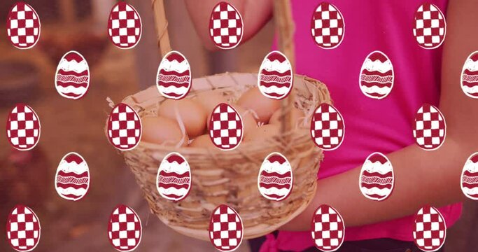 Decorative easter eggs in seamless pattern against woman holding basket full of easter eggs