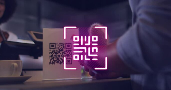 Neon qr code against african american man making digital payment from his smartwatch at a cafe