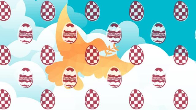 Decorative easter eggs icons in seamless pattern against dove bird icon and blue sky