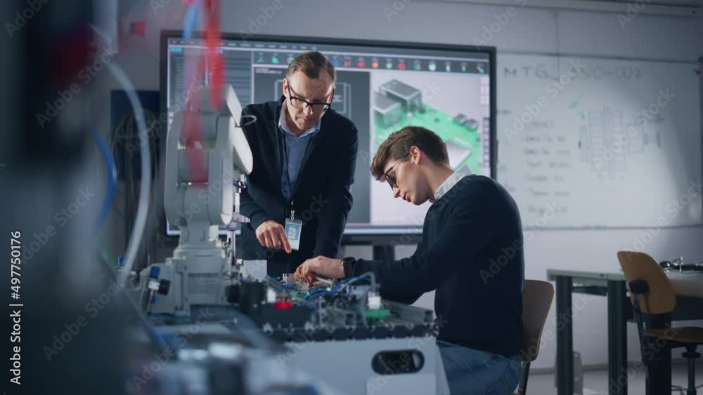 Aufkleber Male Student Engineer Discussing Ideas with Project Leader while Working with Computer Motherboard. Man Uses Screwdriver. Science, Robotics and Engineering Concept. Medium Shot