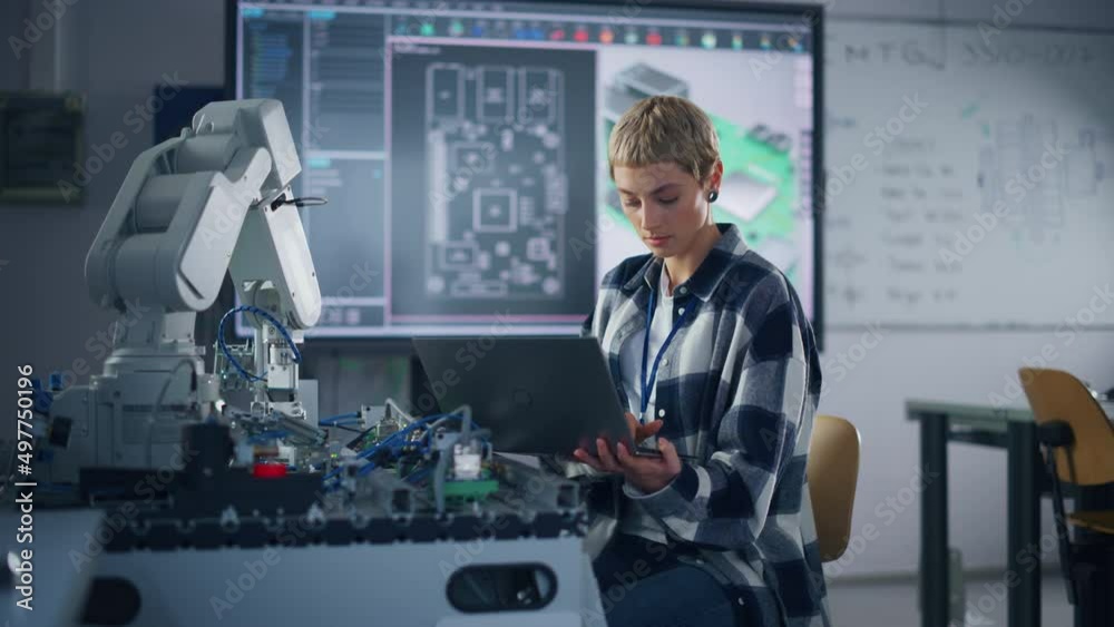 Aufkleber Caucasian Developer Writing Code at Laptop while Working with Robotic Arm. Startup and Programming at Laboratory. High-Tech Science, Robotics and Research Concept