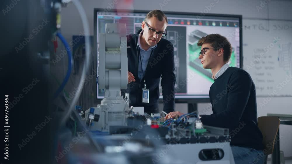 Poster Product Supervisor Consults Young Engineer Working with Optimization of Robot Arm. People Doing Robotic Hand Maintenance Ideas. High-Tech Science and Engineering Concept. Medium Shot