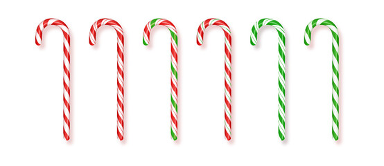 Set of realistic Christmas candy canes.Realistic Xmas candy cane Vector illustration. Top view icon. Greeting card template for Christmas and New Year