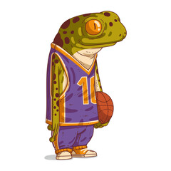 A basketball player, isolated vector illustration. Calm anthropomorphic frog, wearing a basketball uniform and holding a ball. Humanized toad. An animal character with a human body. Team player.