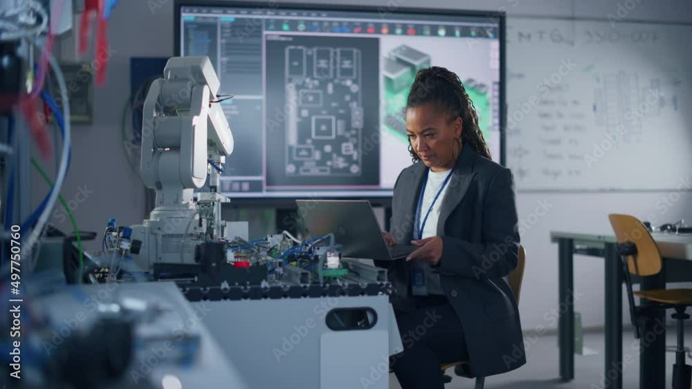 Leinwandbilder Black Female Developer Controls Robot Hand with Laptop, while Writing Code at Computer Science Research Laboratory. High-Tech Science and Programming Concept