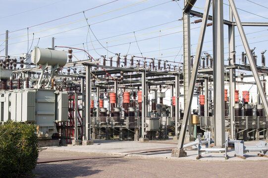 Closeup of high voltage electrical components of an substation in Nijmegen in the Netherlands
