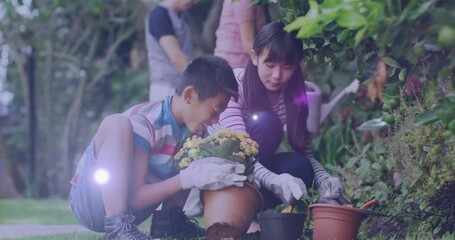 Spot of light against asian mother and son gardening together in the garden