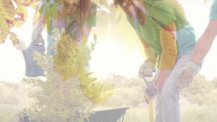 Composite video of leaves on a tree against group of diverse people gardening together in the garden