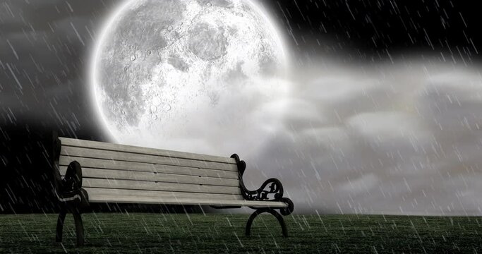 Animation of bench over rain and full moon with clouds on sky in background