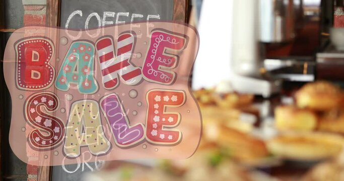 Animation of bake sale text over empty baker