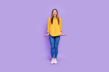 Full length image of overjoyed impressed cute lady see huge bargains shopping season isolated on purple color background