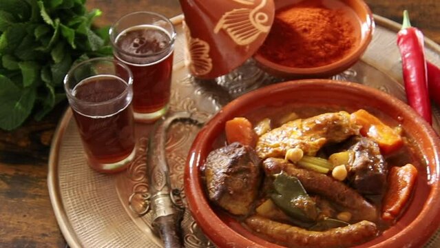 view of a royal couscous composed of chicken, lamb, merguez on a platter