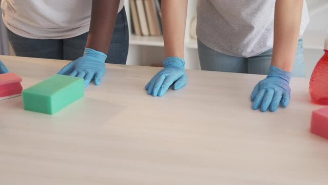 Janitorial Service. Chore Supplies. Household Hygiene. Maid Team Hands In Gloves Ready To Start Cleaning Using Detergent Disinfectant Sponges Brushes Tools On Table.