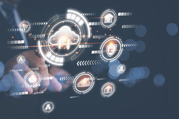 Businessman touching on virtual clouds computing technology transformation databases for upload and...
