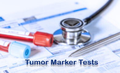 Tumor Marker Tests Testing Medical Concept. Checkup list medical tests with text and stethoscope