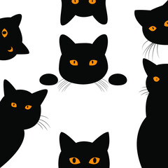 Fototapeta na wymiar A set of black cats peeking out from the corner. Collection of cat faces that are spying on you
