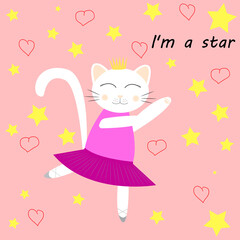 Cute cartoon character white cat ballerina. Vector illustration for kids