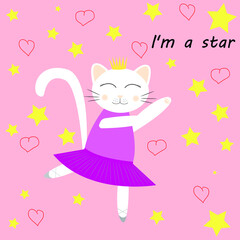 Cute cartoon character white cat ballerina. Vector illustration for kids